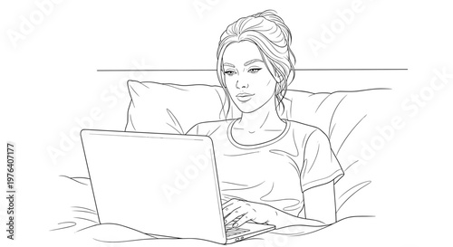 A relaxed young woman comfortably sits up in bed, diligently working or browsing on her laptop computer.
