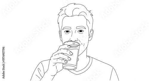 A smiling man confidently holds a glass, taking a refreshing drink, possibly water or a healthy beverage.