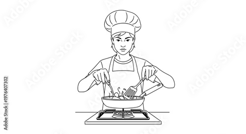 A professional chef wearing a traditional toque and apron is expertly cooking food in a pan on a stovetop, stirring with utensils.