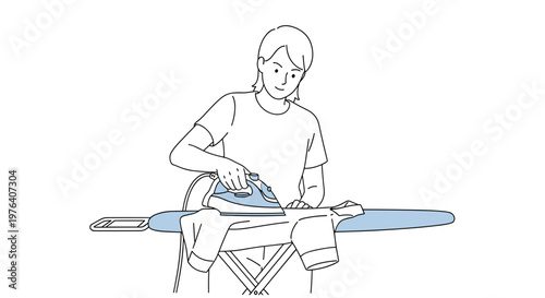 A person with short hair is diligently ironing a piece of clothing on an ironing board, performing a common household chore.