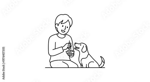 A happy young boy is gently feeding a small, eager dog from a bowl, sharing a heartwarming moment of companionship.