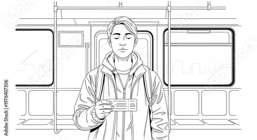A young man with closed eyes stands serenely inside a subway train, holding a small ticket or card in his hand.