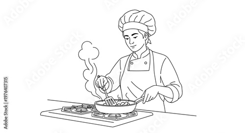 A skilled chef in a classic hat and apron actively cooks in a pan on a stovetop, with steam gracefully rising from the food.