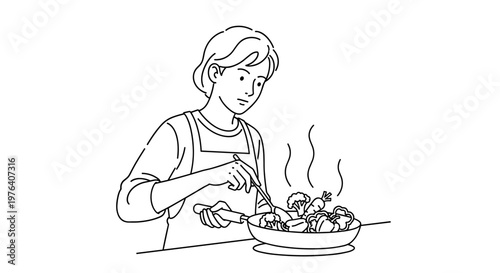 A focused woman in an apron is cooking or preparing food on a plate or shallow bowl with utensils, perhaps serving.