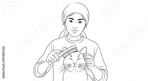 A kind woman wearing a headscarf is gently brushing a happy cat, demonstrating loving care for her pet.