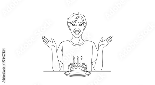 An overjoyed person with hands raised in excitement, looking happily at a small birthday cake topped with three burning candles on a table, celebrating.