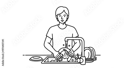 A person diligently washing dishes by hand in a kitchen sink, surrounded by soapy water and stacked dirty plates, performing household chores.
