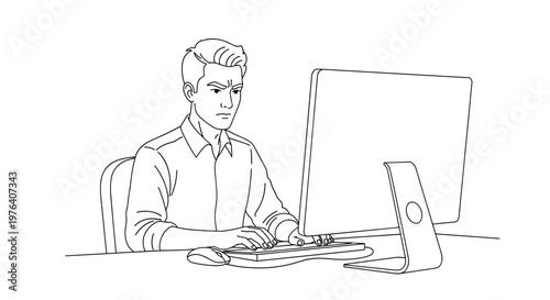 A focused man intensely typing on a computer keyboard while staring at a desktop monitor, possibly experiencing stress or deep concentration at his workspace.