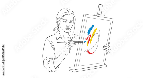 A focused female artist thoughtfully painting colorful abstract shapes onto a canvas placed on an easel, holding a brush with concentration.