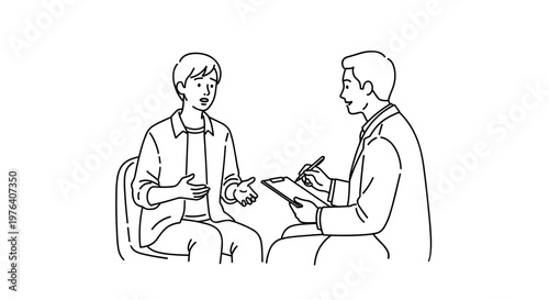 A man sitting and actively gesturing while speaking to another man, likely a professional consultant or interviewer, who is attentively taking notes.