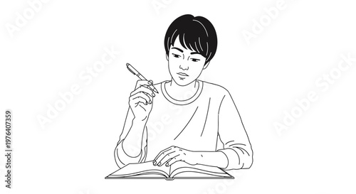 A thoughtful person, with short dark hair, holding a pen and looking down at an open book, possibly studying, writing, or contemplating a task.
