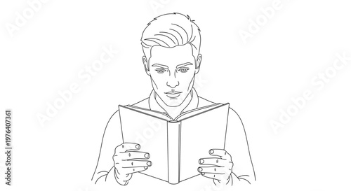A serene man deeply absorbed in reading a paperback book, holding it open with both hands, concentrating on the text.