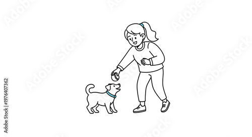 A cheerful young girl happily playing with a small, wagging dog, offering it a toy or treat, demonstrating their affectionate bond.