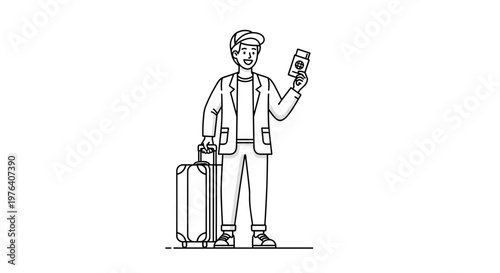 A cheerful man standing confidently with a rolling suitcase and holding up a passport, ready for international travel or an exciting journey.