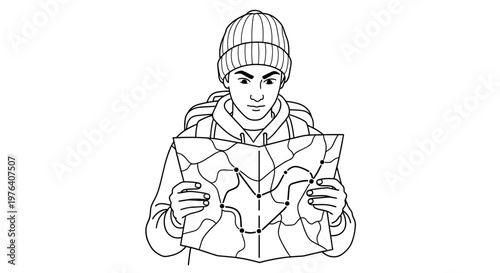 A focused individual wearing a warm beanie and jacket attentively studies a detailed paper map, planning a route or navigating outdoors.