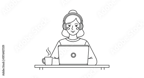 A focused young woman wearing headphones is diligently working on her laptop at a desk with a steaming cup of coffee nearby.