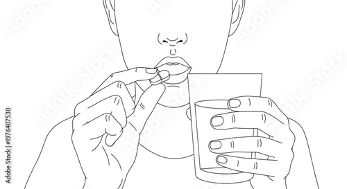 A person carefully takes a pill or medication with a glass of water, emphasizing health, wellness, and self-care routine.