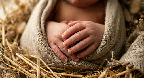Close up of newborn baby hands in manger as nativity birth of Jesus concept
