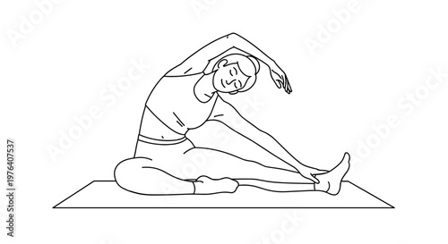 A flexible woman performs a seated side bend stretch on a yoga mat, demonstrating mindfulness, exercise, and physical well-being.