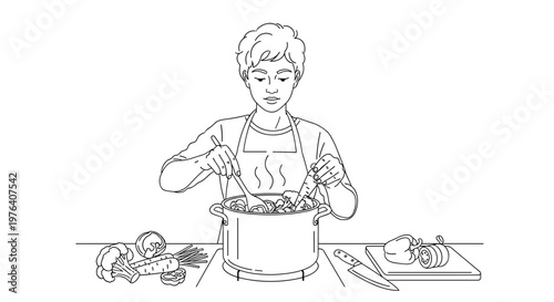 A focused woman in an apron is diligently stirring a large pot on the stove, surrounded by fresh ingredients prepared for cooking.