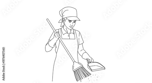 A diligent cleaner, wearing a uniform and cap, is actively sweeping dirt into a dustpan with a broom to maintain tidiness.