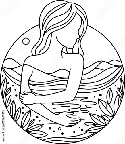 A line art illustration of a woman embracing herself in a serene natural landscape
