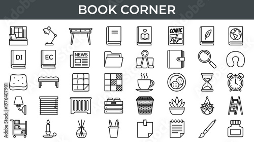 Window bench, adjustable reading lamp, narrow console table, hardcover volume, paperback storybook, comic book, poetry collection,