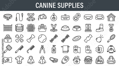 Canine care items featuring neck fastening band, walking control strap, body support harness, extendable control strap,