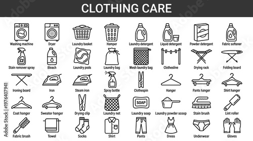 Clothing care line style icons, 40 distinct items including washing machine, dryer, laundry basket, hamper, laundry detergent