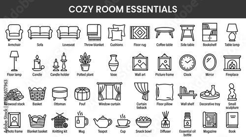 Cozy room essentials line style icons, 40 distinct items including armchair, sofa, loveseat, throw blanket, cushions, floor rug,