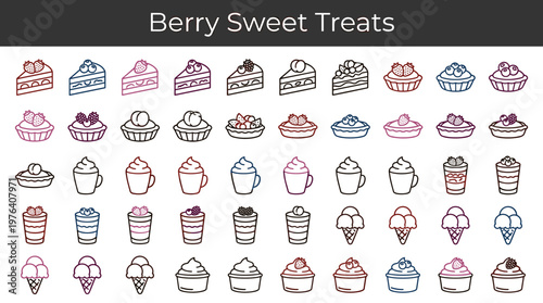 Creamy sweets featuring red fruit sponge slice, blue fruit sponge slice, pink fruit sponge slice, dark fruit sponge slice, stone