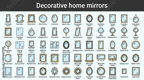 Decorative home mirrors line style icons, 40 distinct items including full-length mirror, wall mirror, vanity mirror, round mirror
