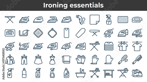 Ironing essentials line style icons, 40 distinct items including ironing board, steam iron, dry iron, travel iron, cordless iron,