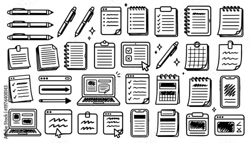 Hand drawn doodle digital notes and stylus pens set, playful sketchy ink pen tech elements, vector illustrations