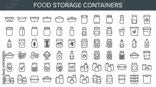 Kitchen containers collection featuring transparent food vessels, polymer food vessels, metal food vessels, clay food vessels,