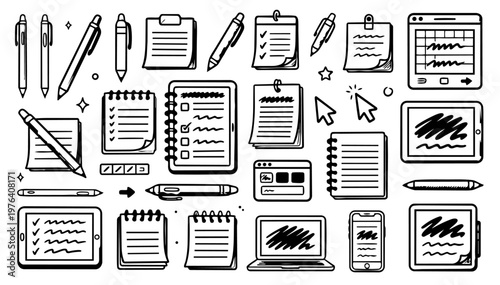 Hand drawn doodle digital notes and stylus pens set, sketchy ink pen tech icons, note taking elements, creative vector illustrations