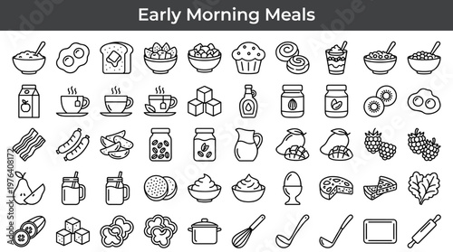 Morning meal plates with porridge, sunny side eggs, toast with butter, fruit salad bowls, muffins, pastries, yogurt parfaits,