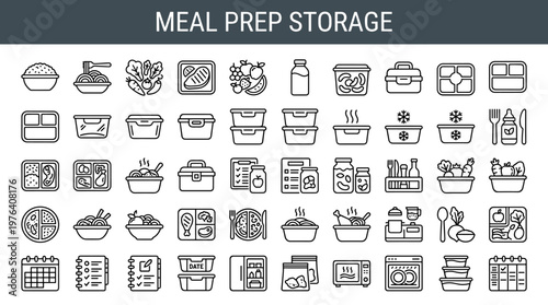Prepared meal storage featuring portioned grain meals, pasta meal portions, fresh vegetable mixes, cooked protein portions, mixed