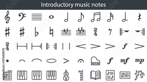 Introductory music notes line style icons, 40 distinct items including treble clef, bass clef, music staff, whole note, half note,