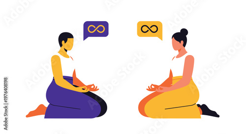 Meditating women, yoga poses, mindfulness illustrations, vector icons, colorful graphics