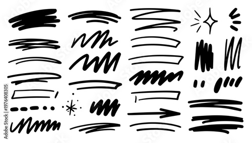 Hand drawn doodle emphasis strokes set, playful sketchy ink pen highlight marks, expressive vector elements
