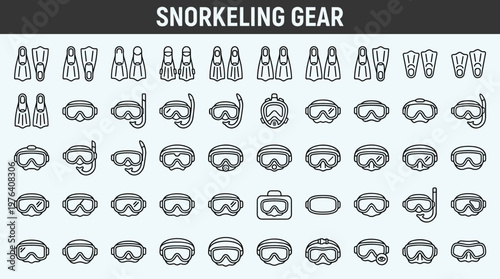 Snorkeling gear line style icons, 40 distinct items including swim fins, full-foot fins, open-heel fins, adjustable fins,