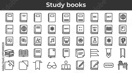 Study books line style icons, 40 distinct items including hardcover textbook, softcover textbook, spiral-bound textbook, notebook,