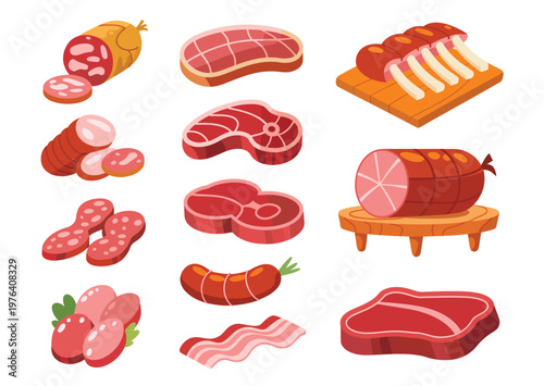 Meat products illustration set, assorted steaks sausages ham bacon and ribs collection for restaurant menu design and culinary food graphics.