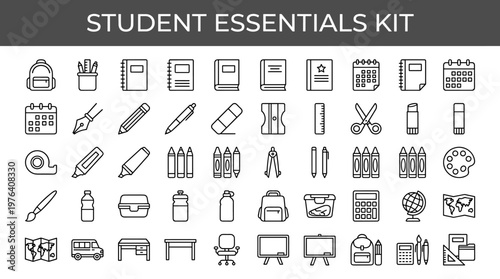 Student learning essentials featuring carrying school bag, writing tool holder, bound paper book, practice exercise book, study