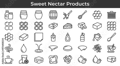 Natural sweet products featuring nectar containers, clear sweet containers, ceramic sweet vessels, timber storage casks, dripping