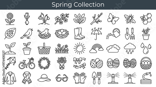 Seasonal spring elements featuring blooming plant items, bulb flower items, early flower items, flowering tree items, fresh