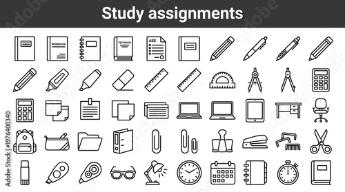 Study assignments line style icons, 40 distinct items including notebook, workbook, spiral notebook, textbook, assignment sheet,