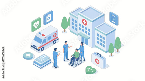 Medical team with patient and ambulance.