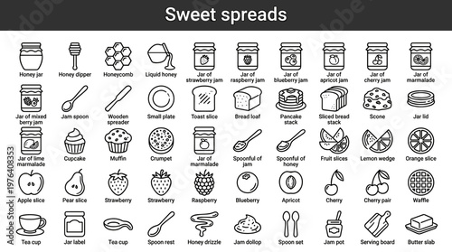 Sweet spreads line style icons, 40 distinct items including honey jar, honey dipper, honeycomb, liquid honey, jar of strawberry